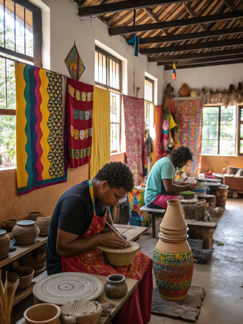 A group of artisans crafting traditional goods in a workshop, highlighting Longo Mai's dedication to preserving cultural heritage.