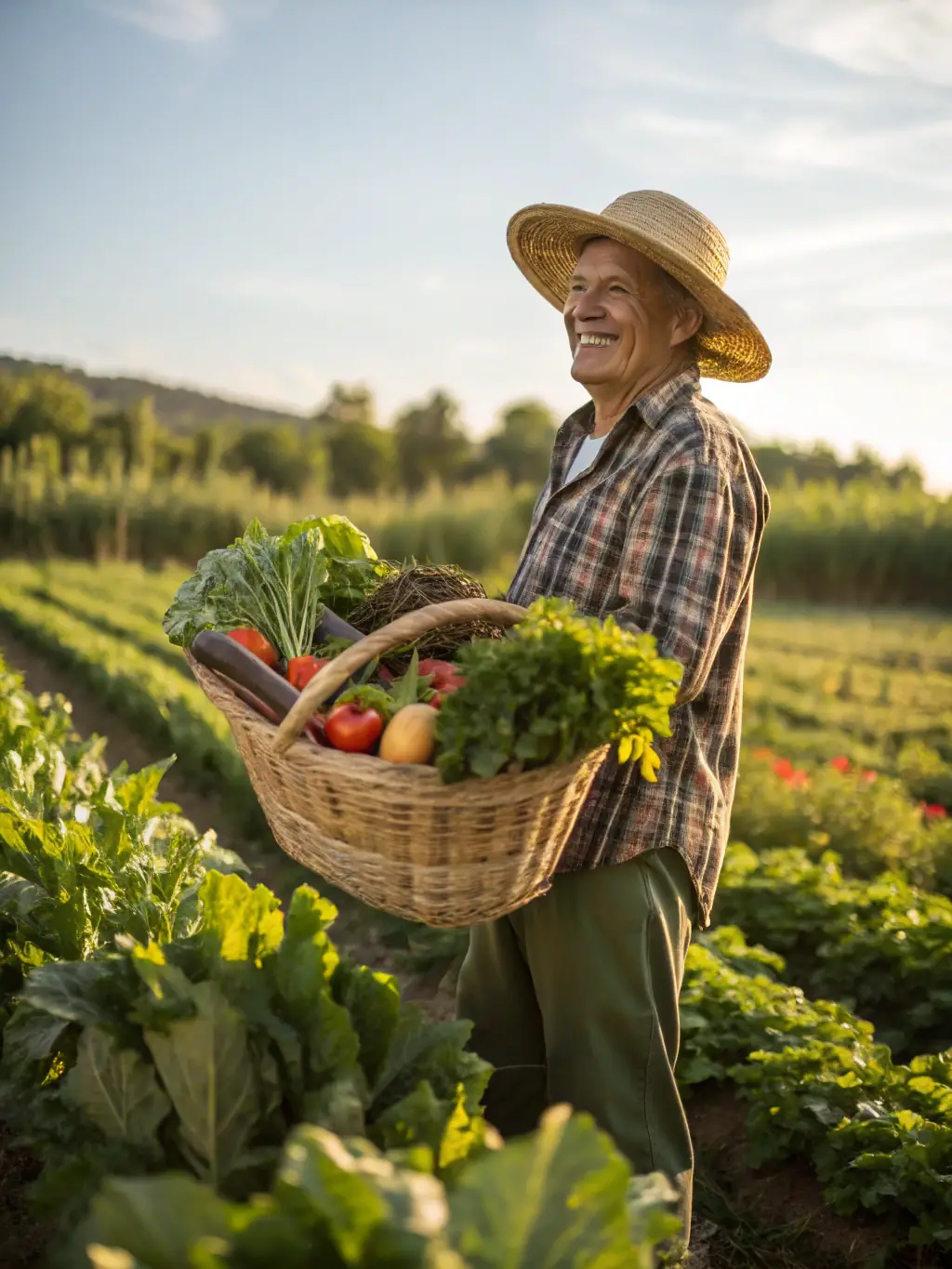 A farmer tending to organic crops in a scenic rural landscape, demonstrating Longo Mai's commitment to sustainable agriculture.
