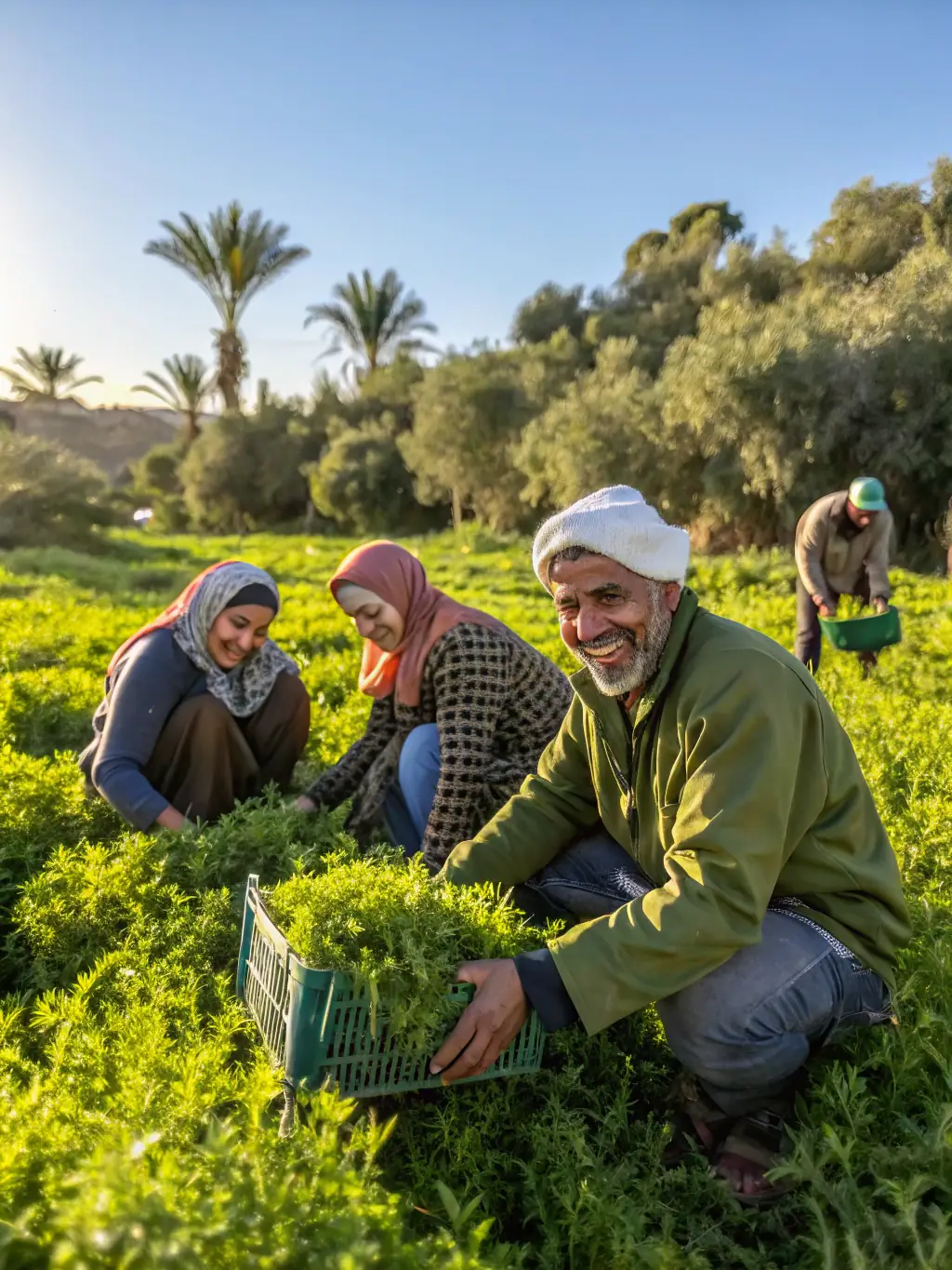 A vibrant rural community gathering, with artisans and farmers working together in a lush green setting, showcasing the collaborative spirit of Longo Mai's community development programs.
