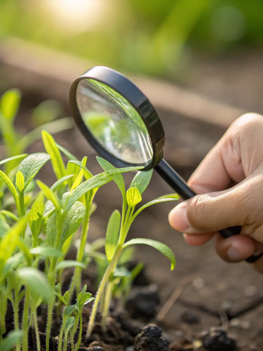 A close-up shot of a researcher examining a rare plant species in a protected area managed by ADEV.