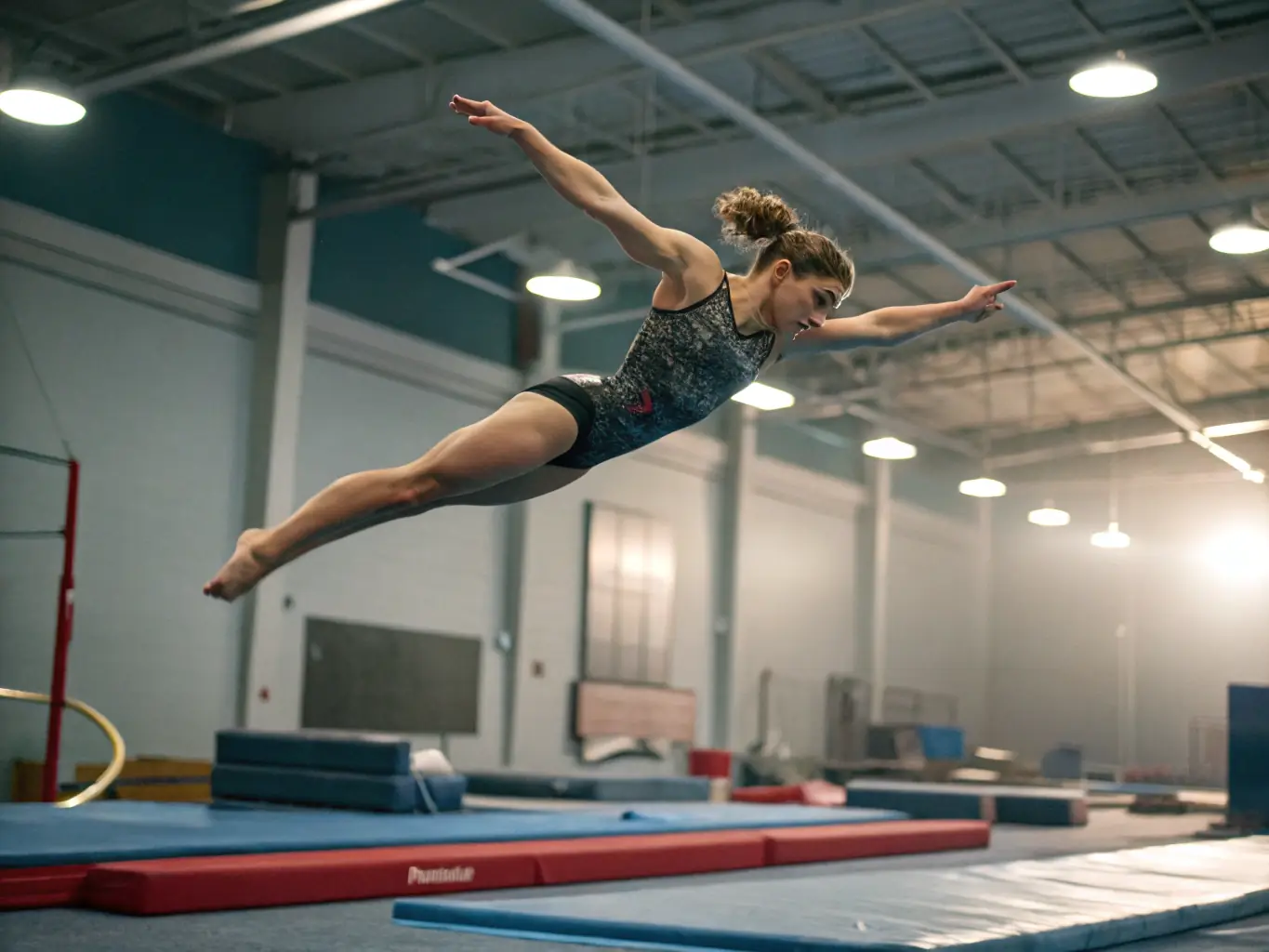 An image of intermediate-level gymnasts performing more complex routines, such as handsprings and cartwheels, with focused determination.