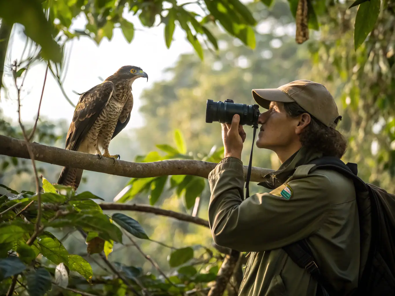 A captivating photograph of a researcher monitoring wildlife in its natural habitat, showcasing ADEV's dedication to wildlife conservation and biodiversity monitoring in Vendée.