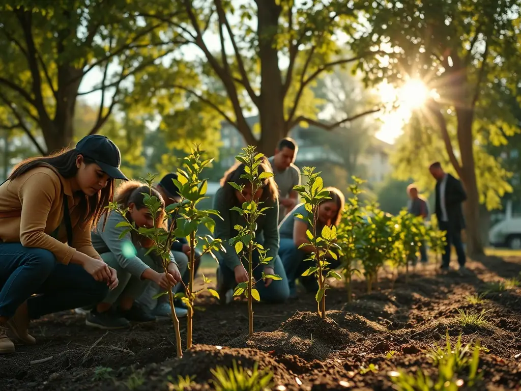 A vibrant image depicting volunteers planting native trees in a deforested area, symbolizing ADEV's commitment to habitat restoration and reforestation efforts in Vendée.