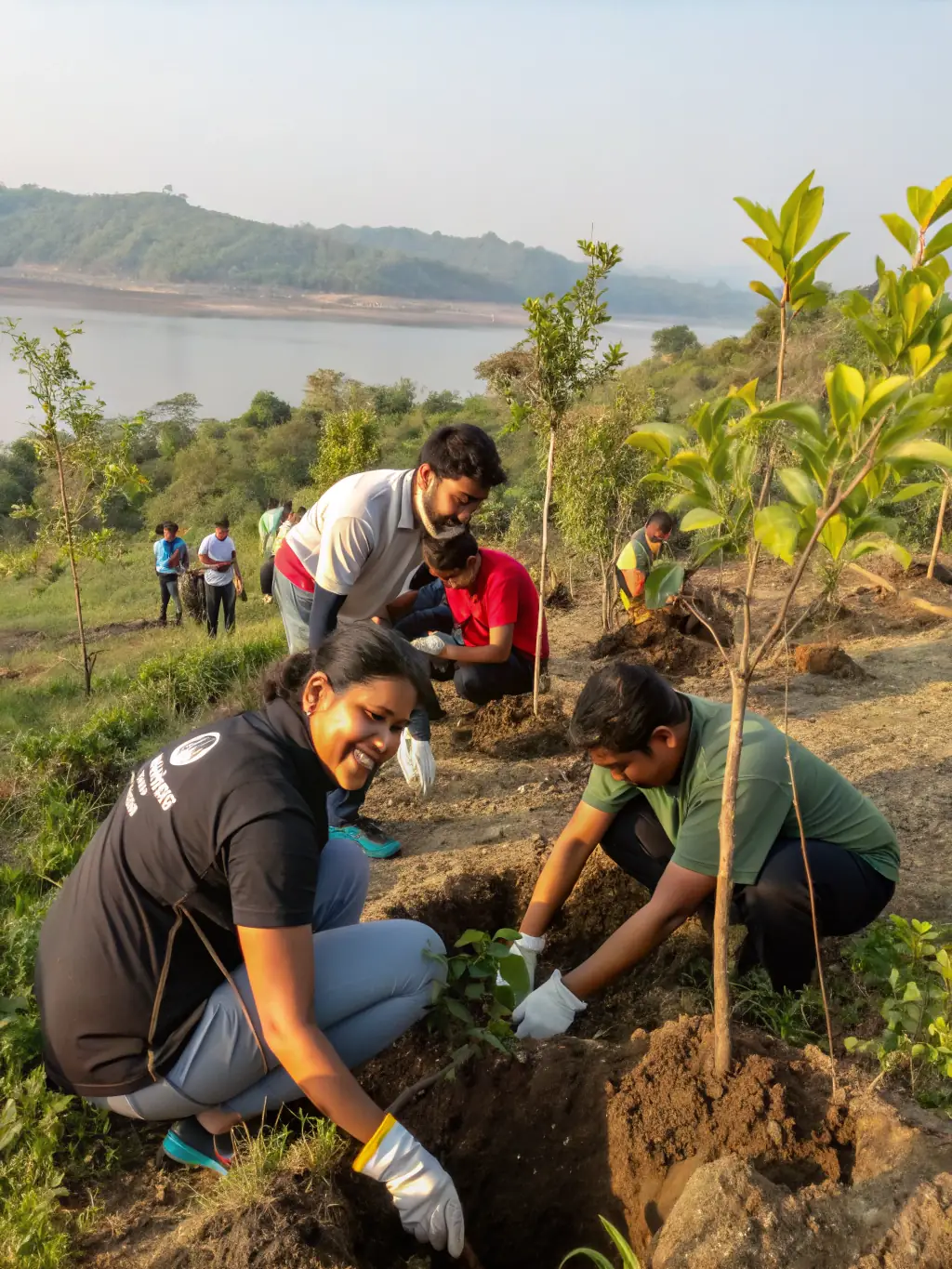 A photograph capturing volunteers planting trees along a riverbank in Vendée, showcasing ADEV's habitat restoration efforts.