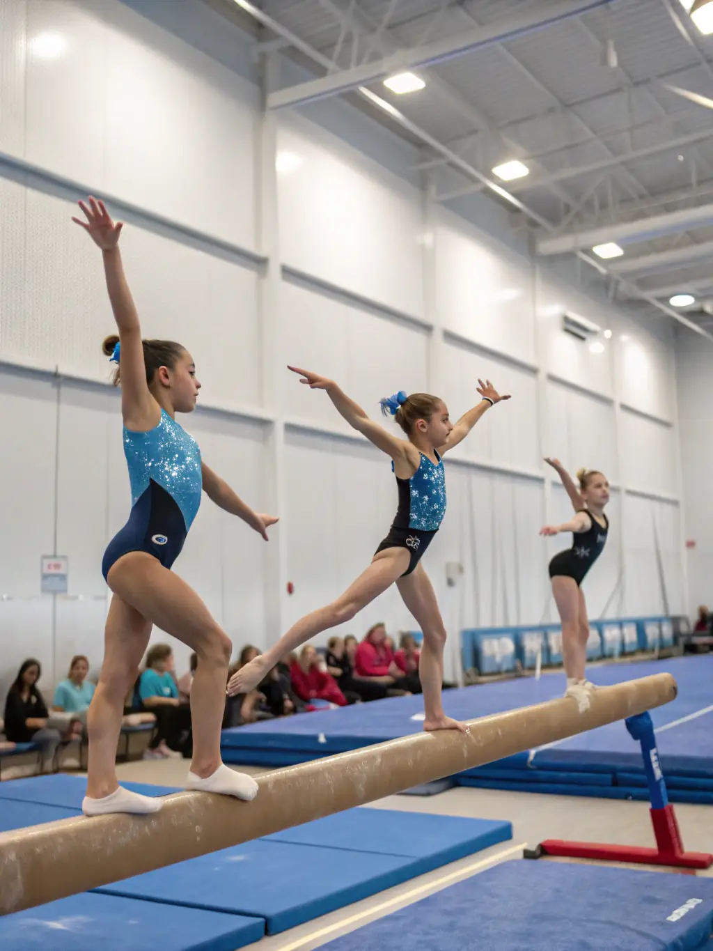 A vibrant image of gymnasts of various ages and skill levels participating in a gymnastics event at Gym Club Houdanais, showcasing the club's inclusive and diverse programs.