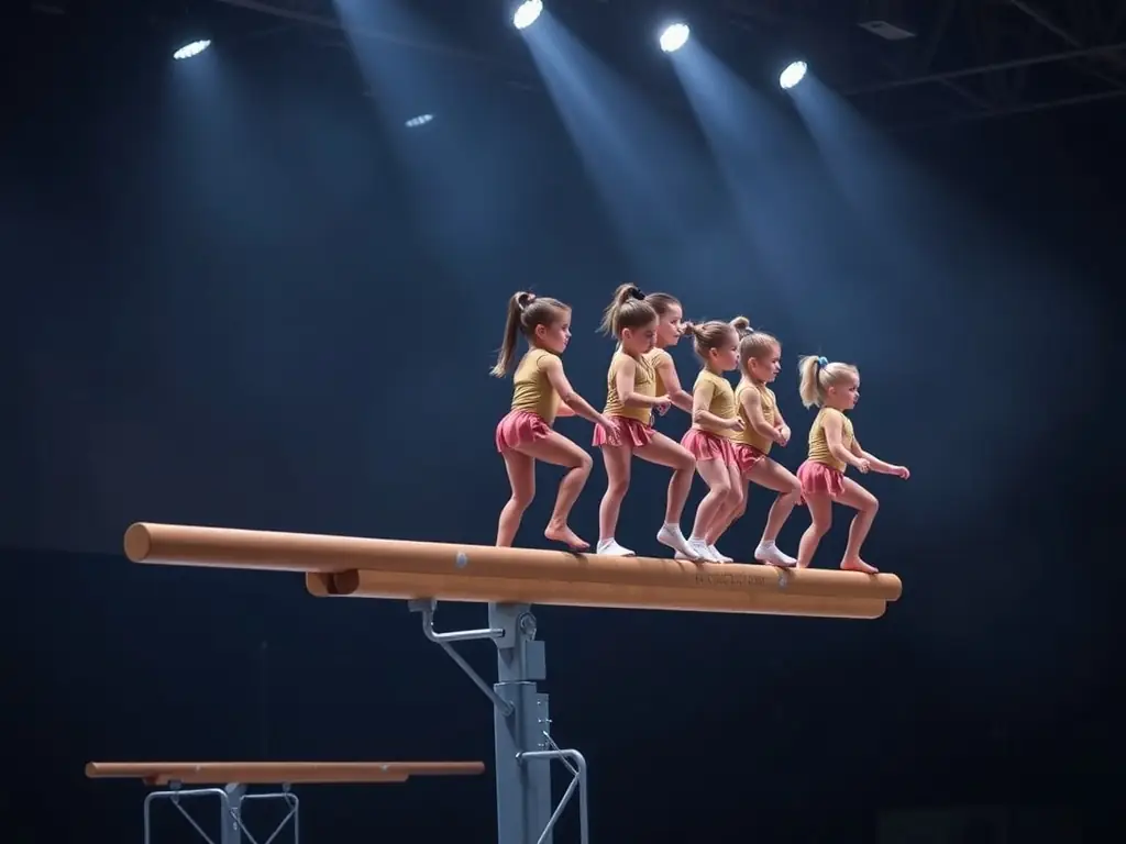 An image of young gymnasts practicing routines on the balance beam and floor mats in a bright, welcoming gym environment.